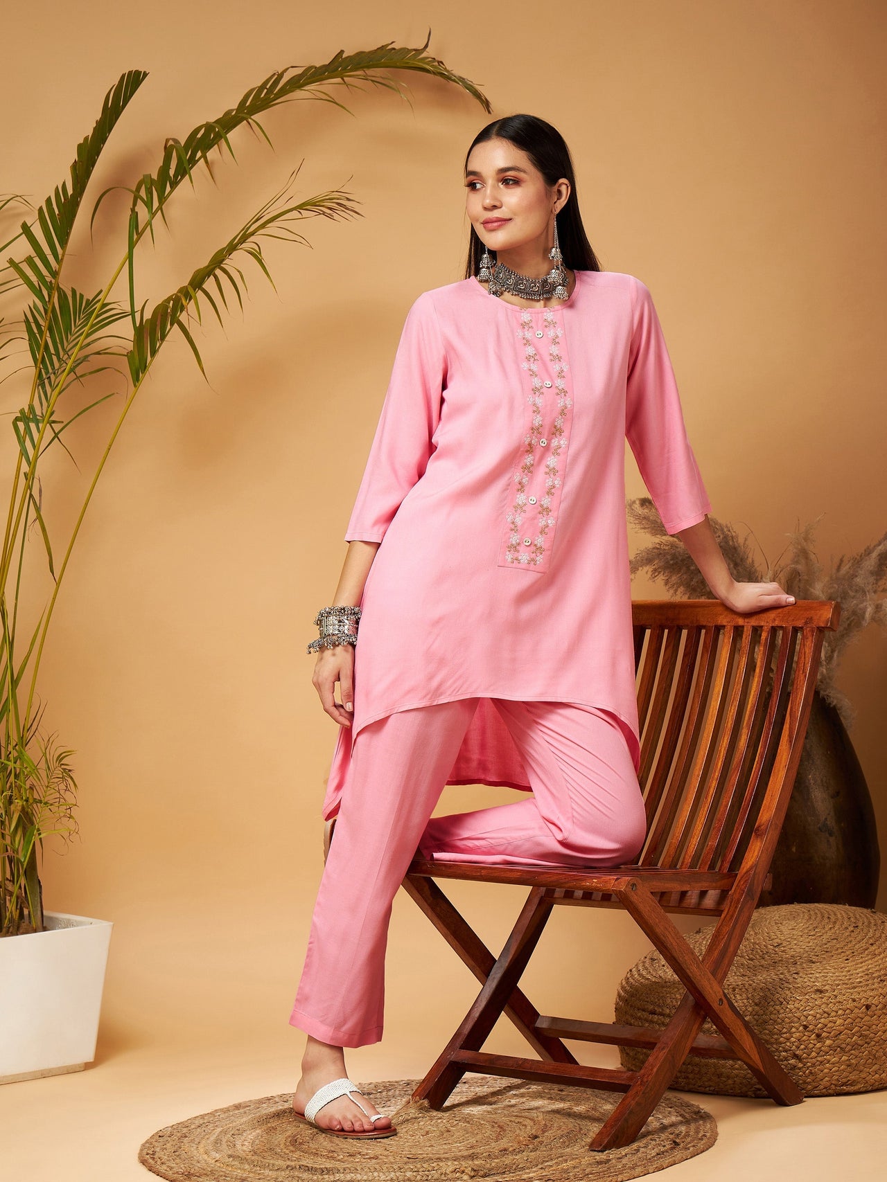 Lyush Women Pink Embroidered High Low Kurta With Pants - Distacart