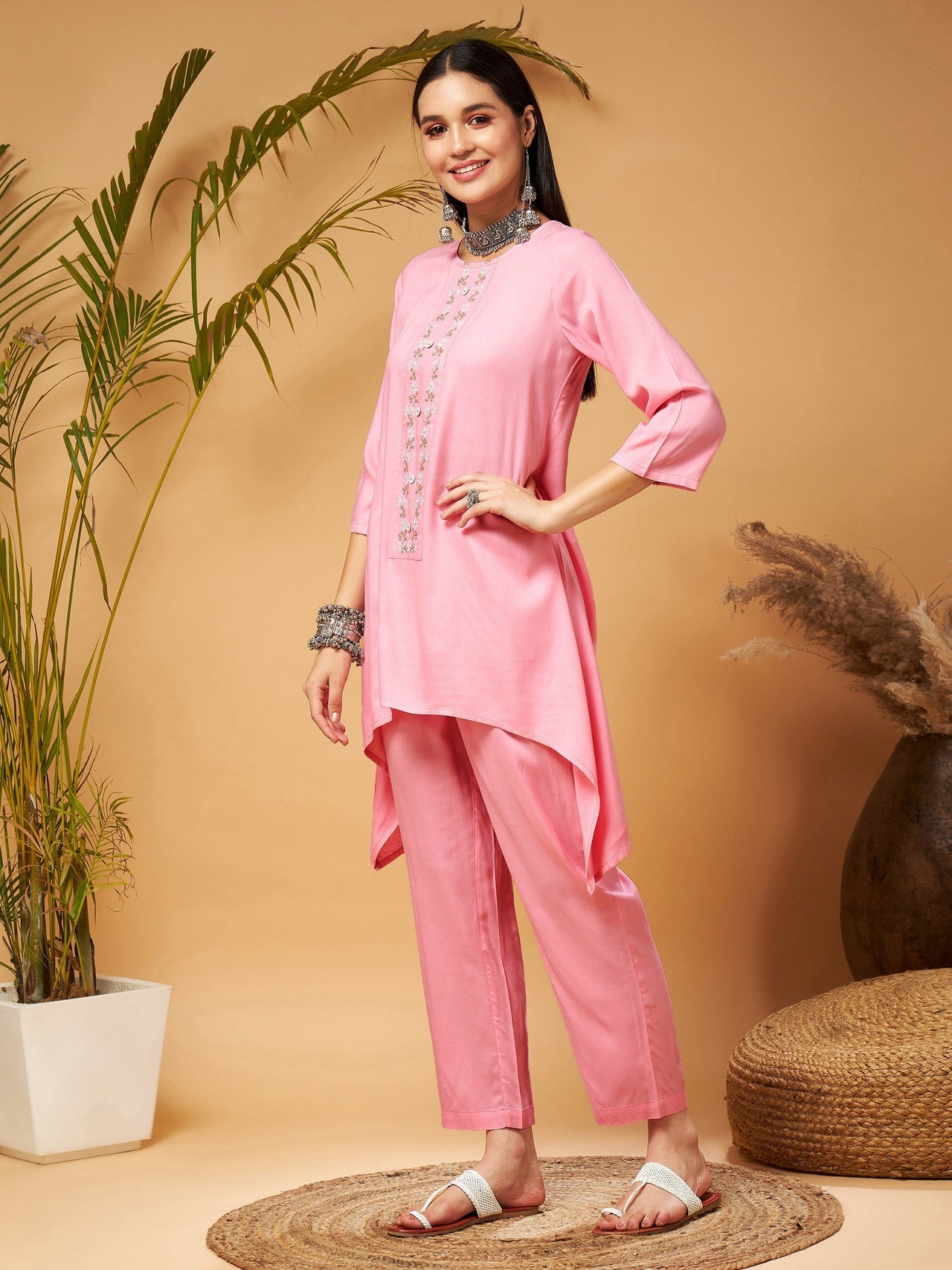 Lyush Women Pink Embroidered High Low Kurta With Pants - Distacart