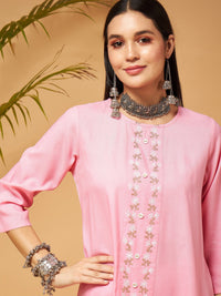 Thumbnail for Lyush Women Pink Embroidered High Low Kurta With Pants - Distacart