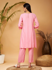 Thumbnail for Lyush Women Pink Embroidered High Low Kurta With Pants - Distacart