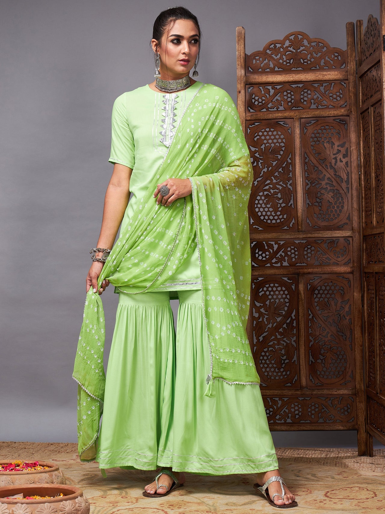 Lyush Women Green Short Kurta With Sharara & Bandhej Dupatta - Distacart