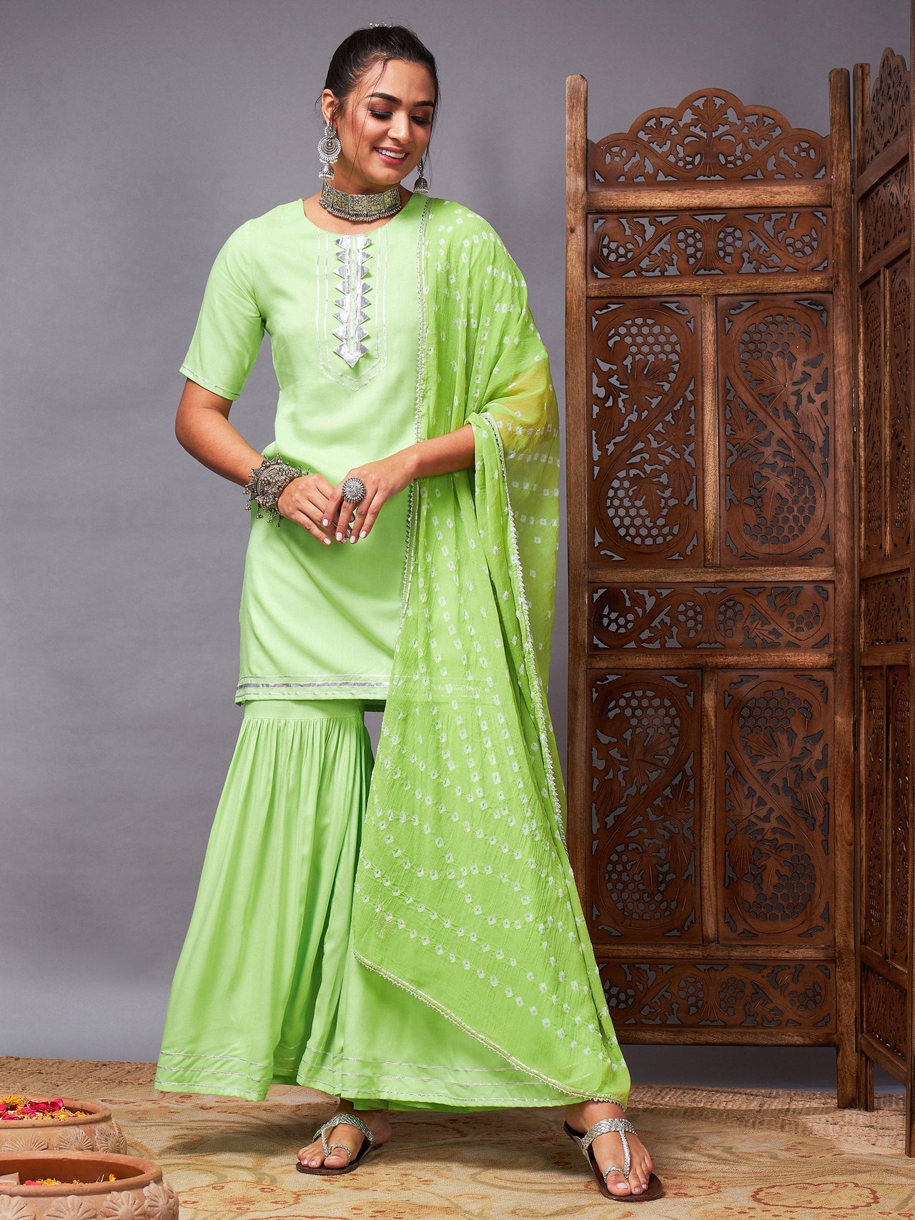 Lyush Women Green Short Kurta With Sharara & Bandhej Dupatta - Distacart