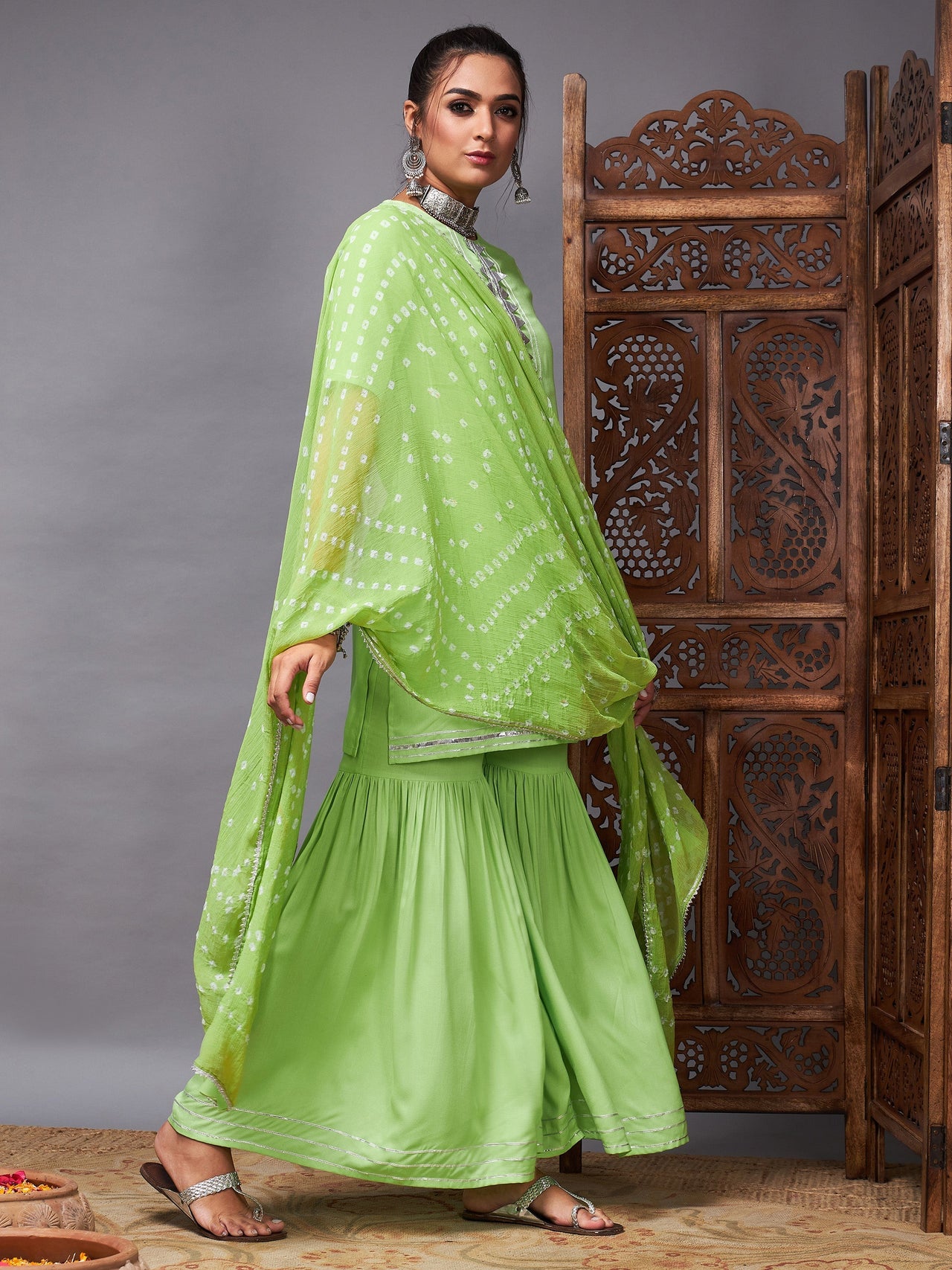 Lyush Women Green Short Kurta With Sharara & Bandhej Dupatta - Distacart