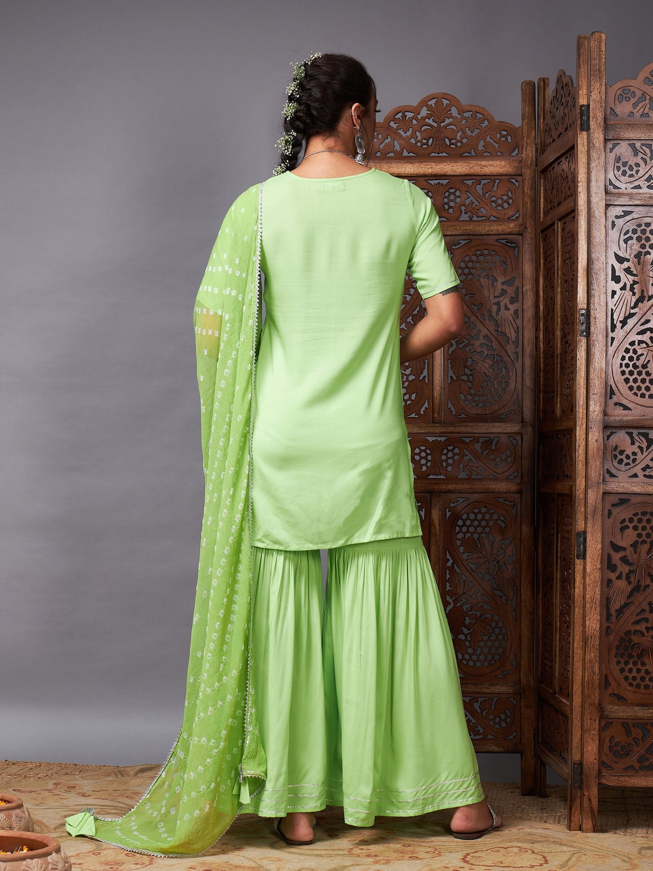 Lyush Women Green Short Kurta With Sharara & Bandhej Dupatta - Distacart