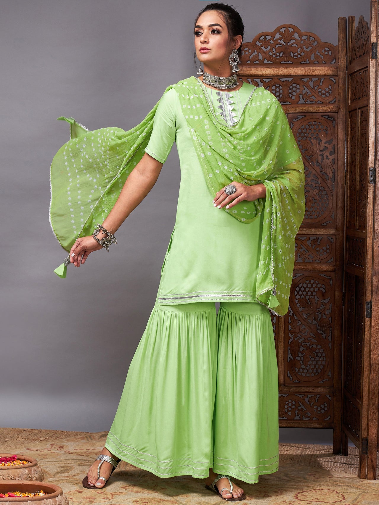 Lyush Women Green Short Kurta With Sharara & Bandhej Dupatta - Distacart