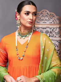 Thumbnail for Lyush Women Orange Tiered Kurta Set With Green Bandhej Dupatta - Distacart