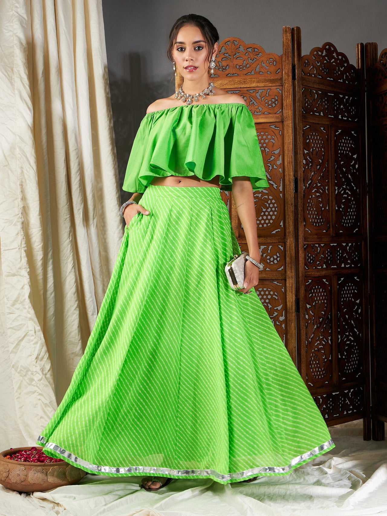 Buy Lyush Women Green Lehariya Bardot Crop Top With Anarkali Skirt Online at Best Price Distacart