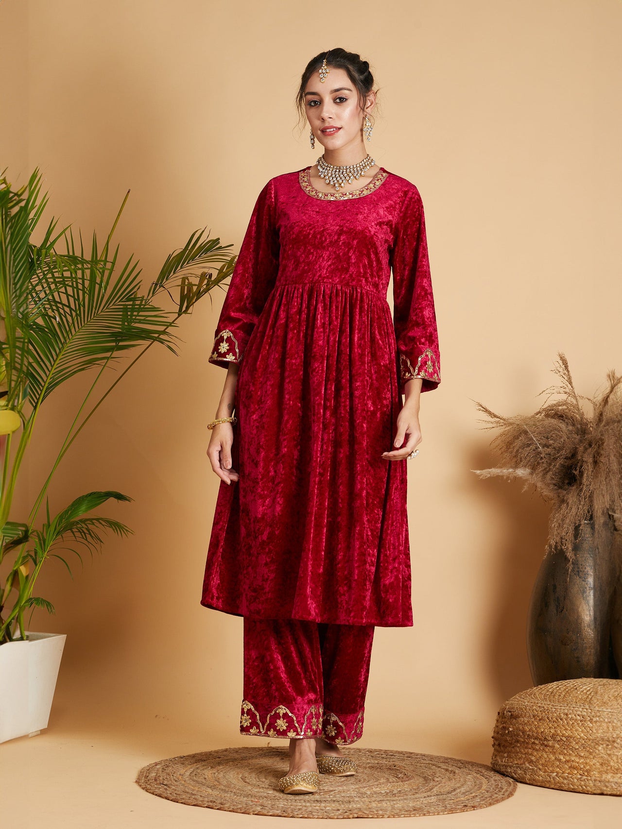 Lyush Women Fuchsia Velvet Embroidered Dress With Pants - Distacart