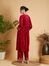 Thumbnail for Lyush Women Fuchsia Velvet Embroidered Dress With Pants - Distacart