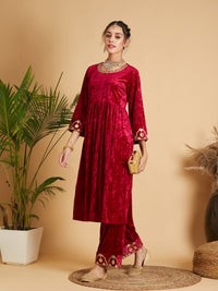 Thumbnail for Lyush Women Fuchsia Velvet Embroidered Dress With Pants - Distacart