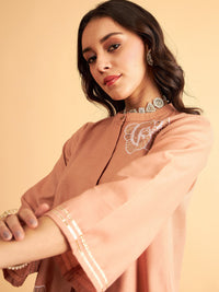 Thumbnail for Lyush Women Brown Embroidered Collar Shirt With Pants - Distacart