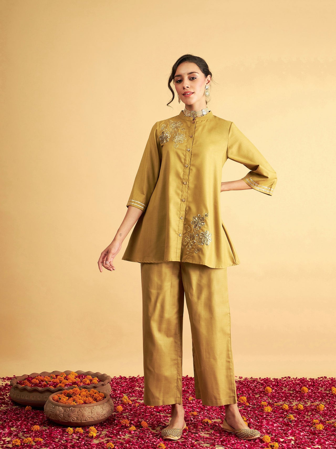 Lyush Women Yellow Embroidered Collar Shirt With Pants - Distacart