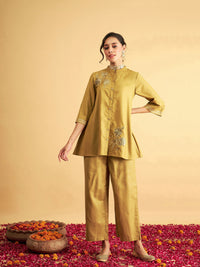 Thumbnail for Lyush Women Yellow Embroidered Collar Shirt With Pants - Distacart