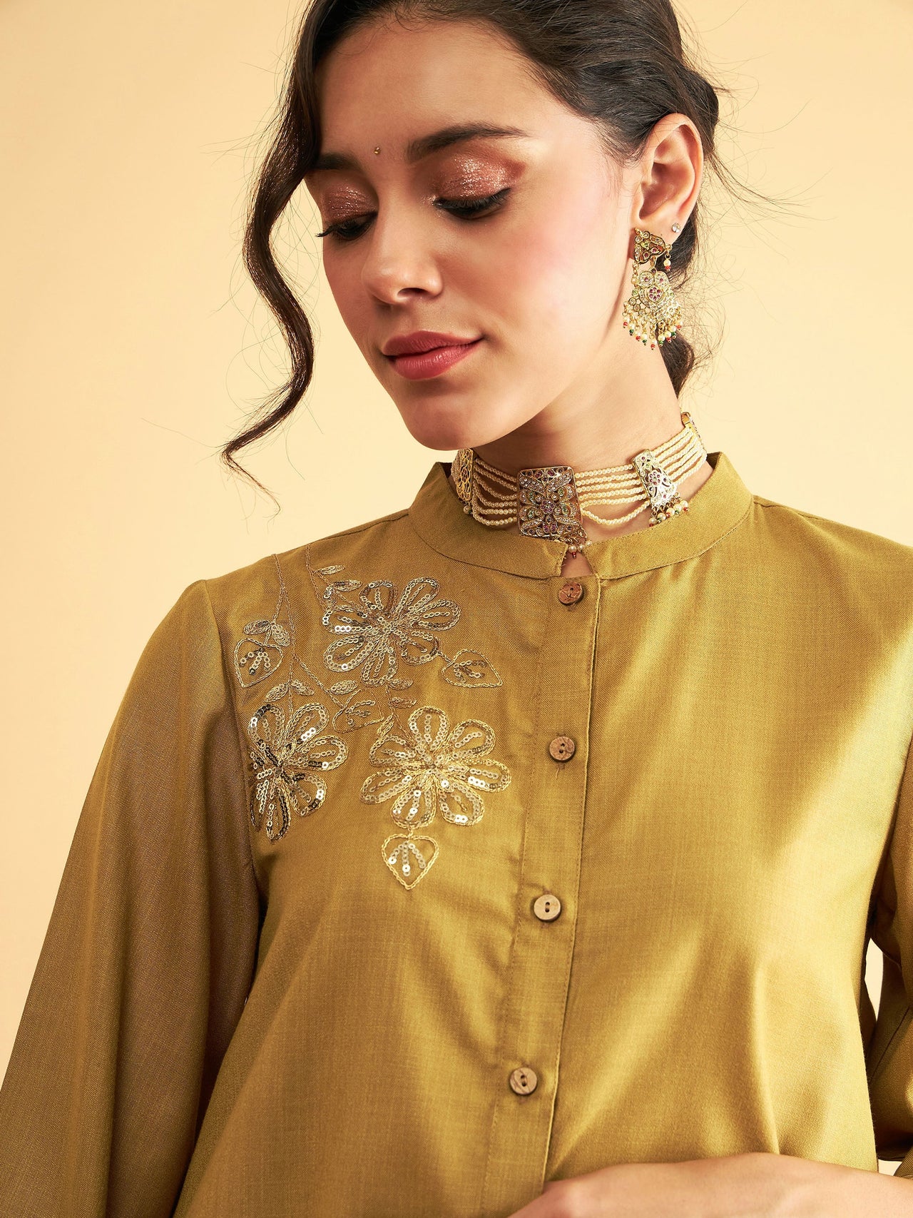 Lyush Women Yellow Embroidered Collar Shirt With Pants - Distacart