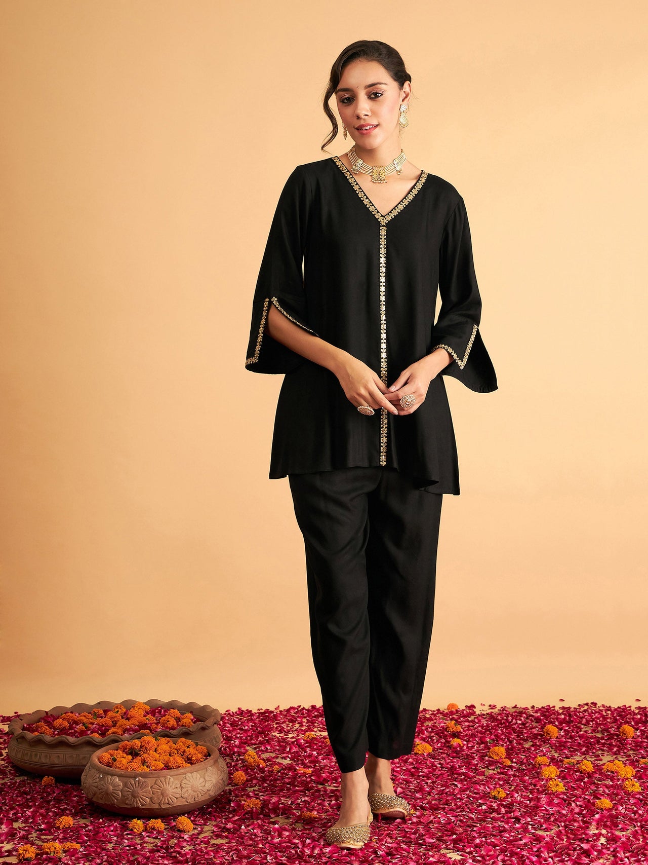 Lyush Women Black Embroidered A Line Top With Pants - Distacart