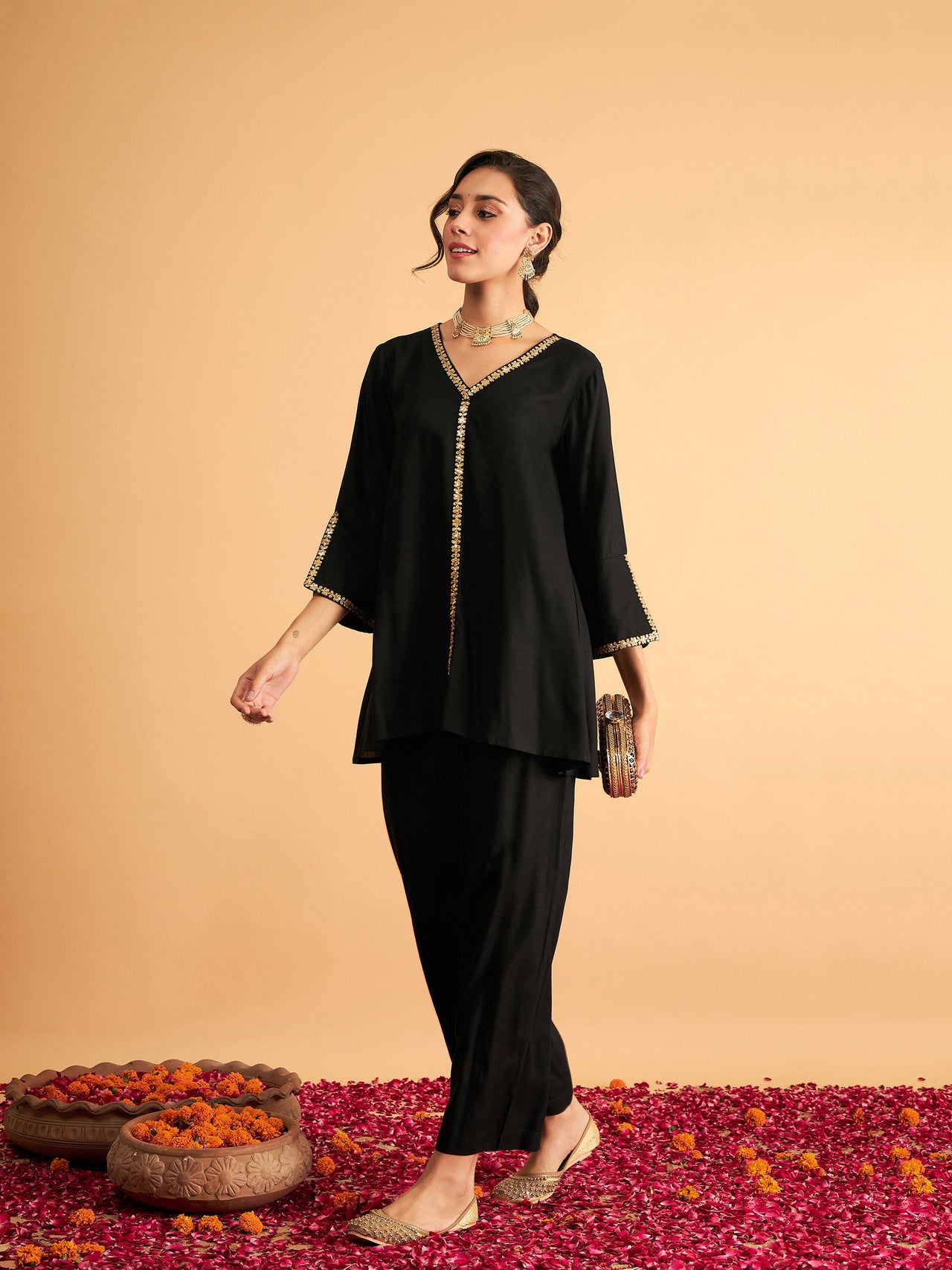 Lyush Women Black Embroidered A Line Top With Pants - Distacart