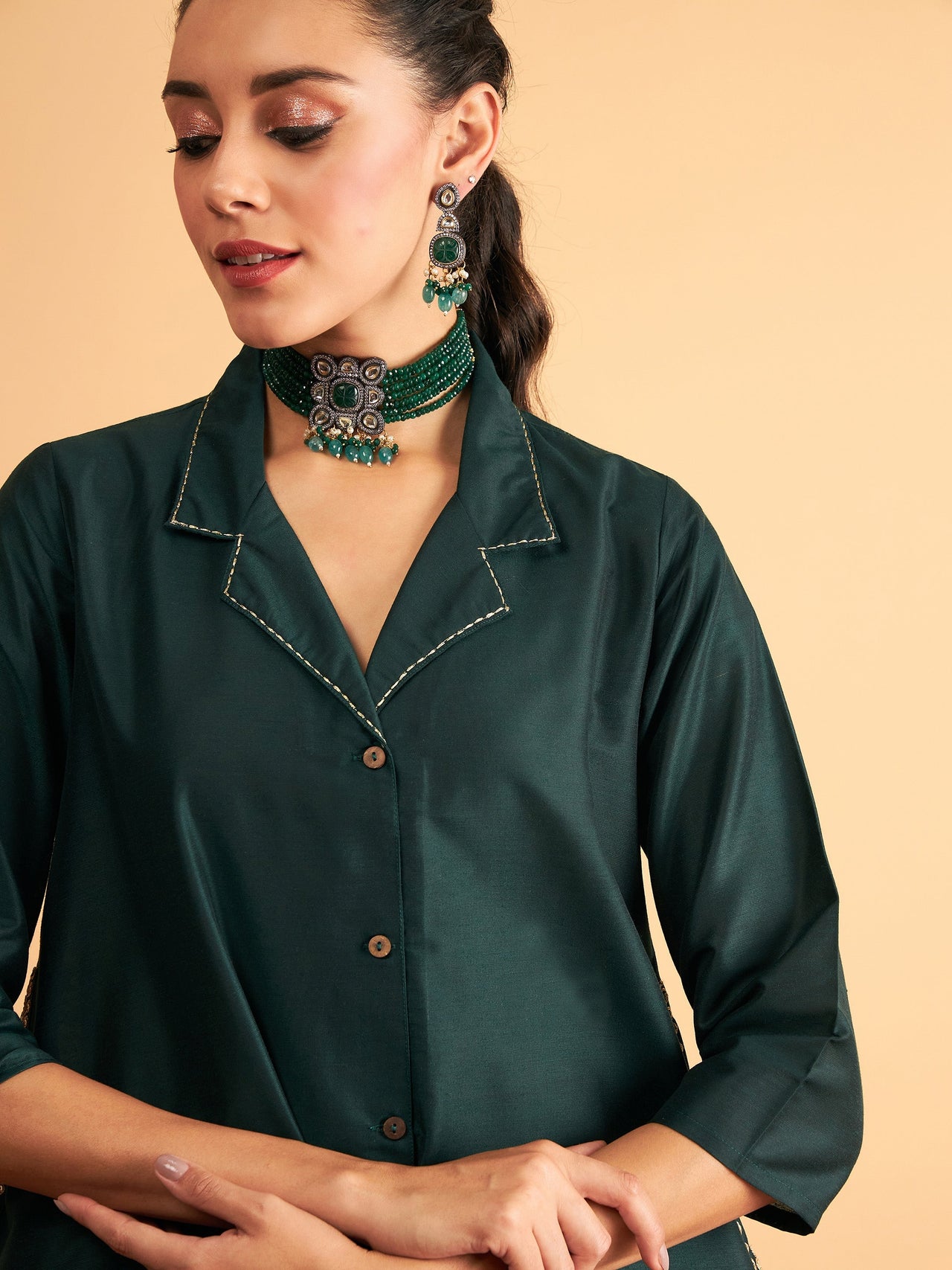 Lyush Women Emerald Zari Embroidered Collar Shirt With Pants - Distacart