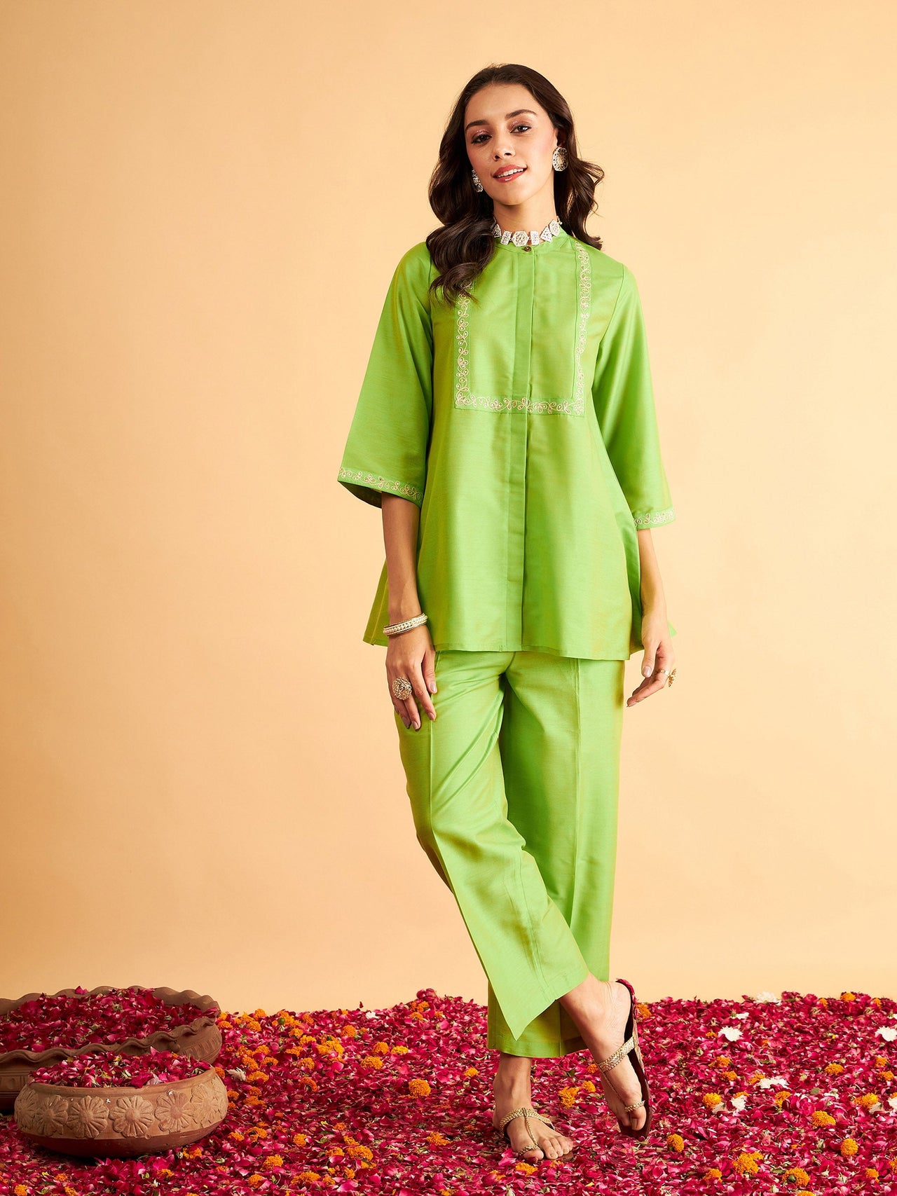 Lyush Women Green Embroidered Top With Straight Pants - Distacart