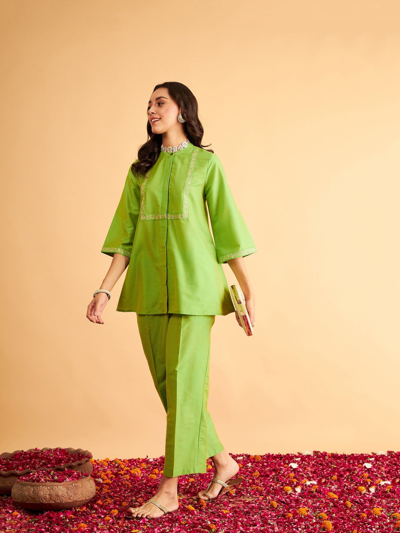 Lyush Women Green Embroidered Top With Straight Pants - Distacart