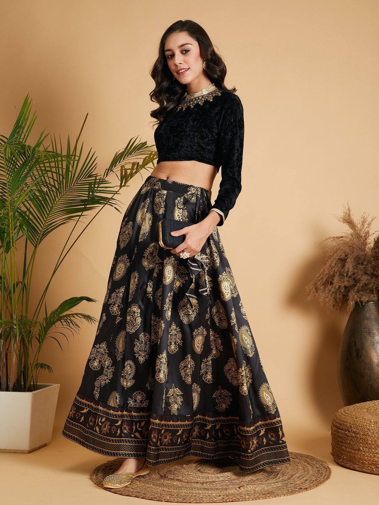 Lyush Women Black Floral Skirt With Black Velvet Crop Top - Distacart