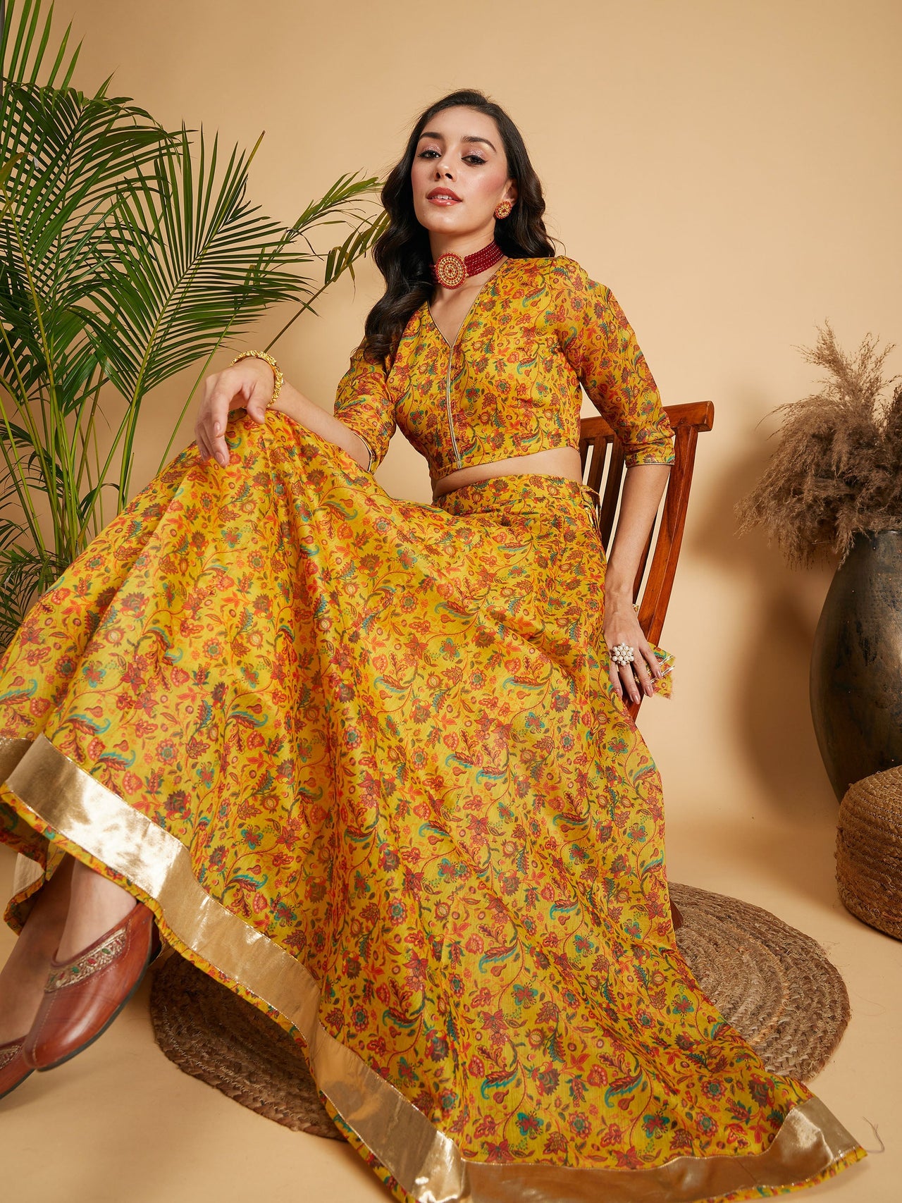 Lyush Women Mustard Floral Anarkali Skirt With Crop Top - Distacart