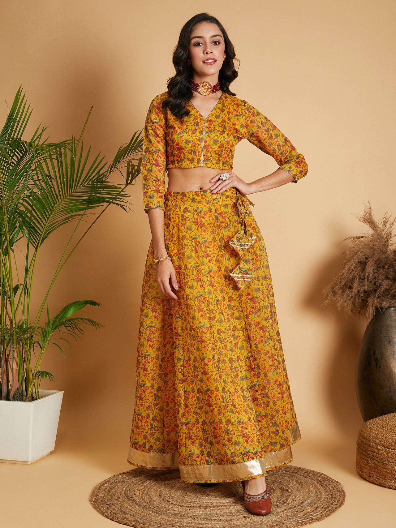 Lyush Women Mustard Floral Anarkali Skirt With Crop Top - Distacart