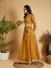 Thumbnail for Lyush Women Mustard Floral Anarkali Skirt With Crop Top - Distacart