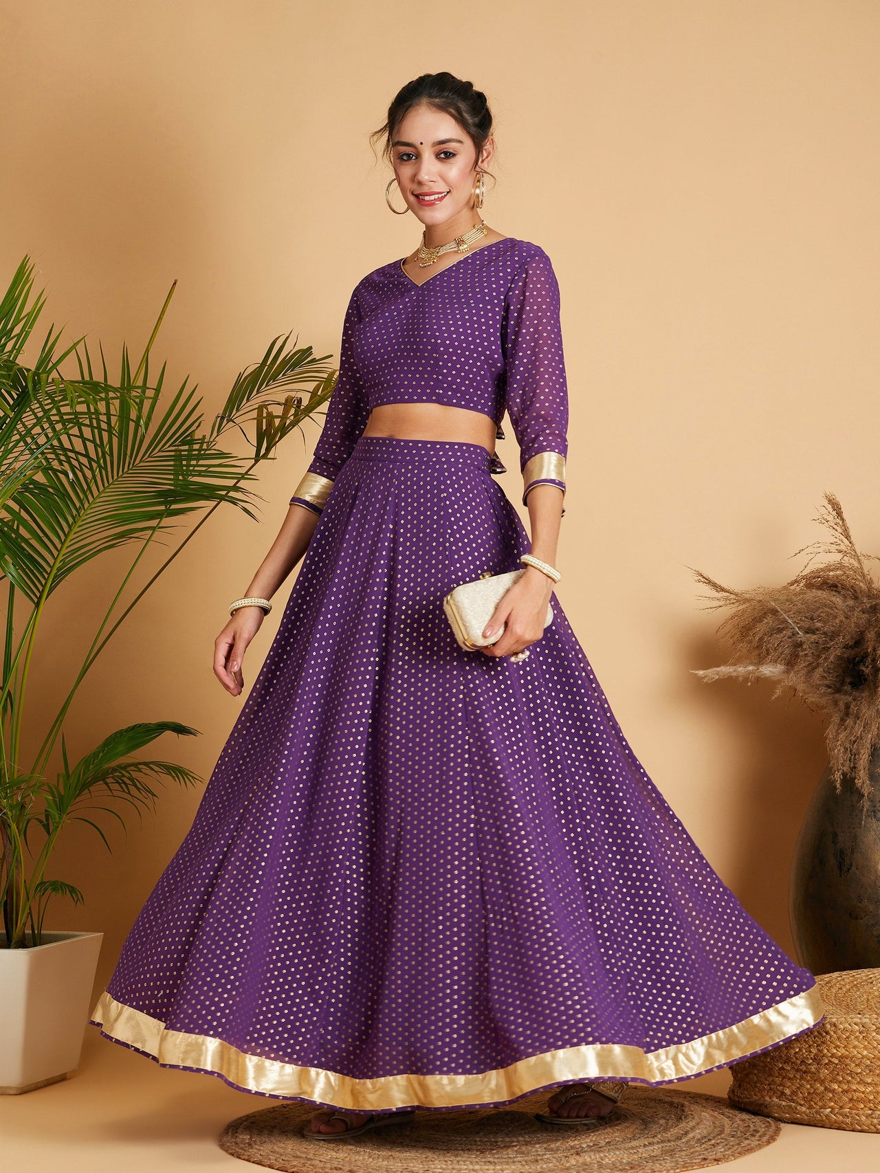 Lyush Women Purple Dot Foil Print Anarkali Skirt With Crop Top - Distacart