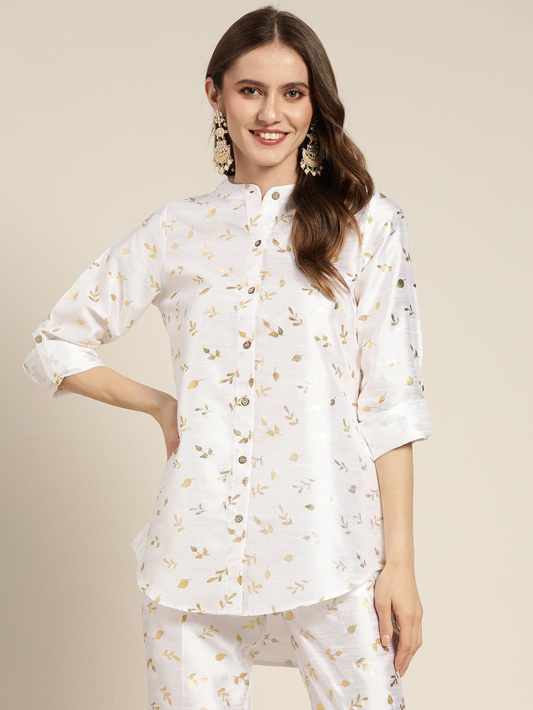 Lyush Women's White Chanderi Gold Foil High Low Shirt - Distacart