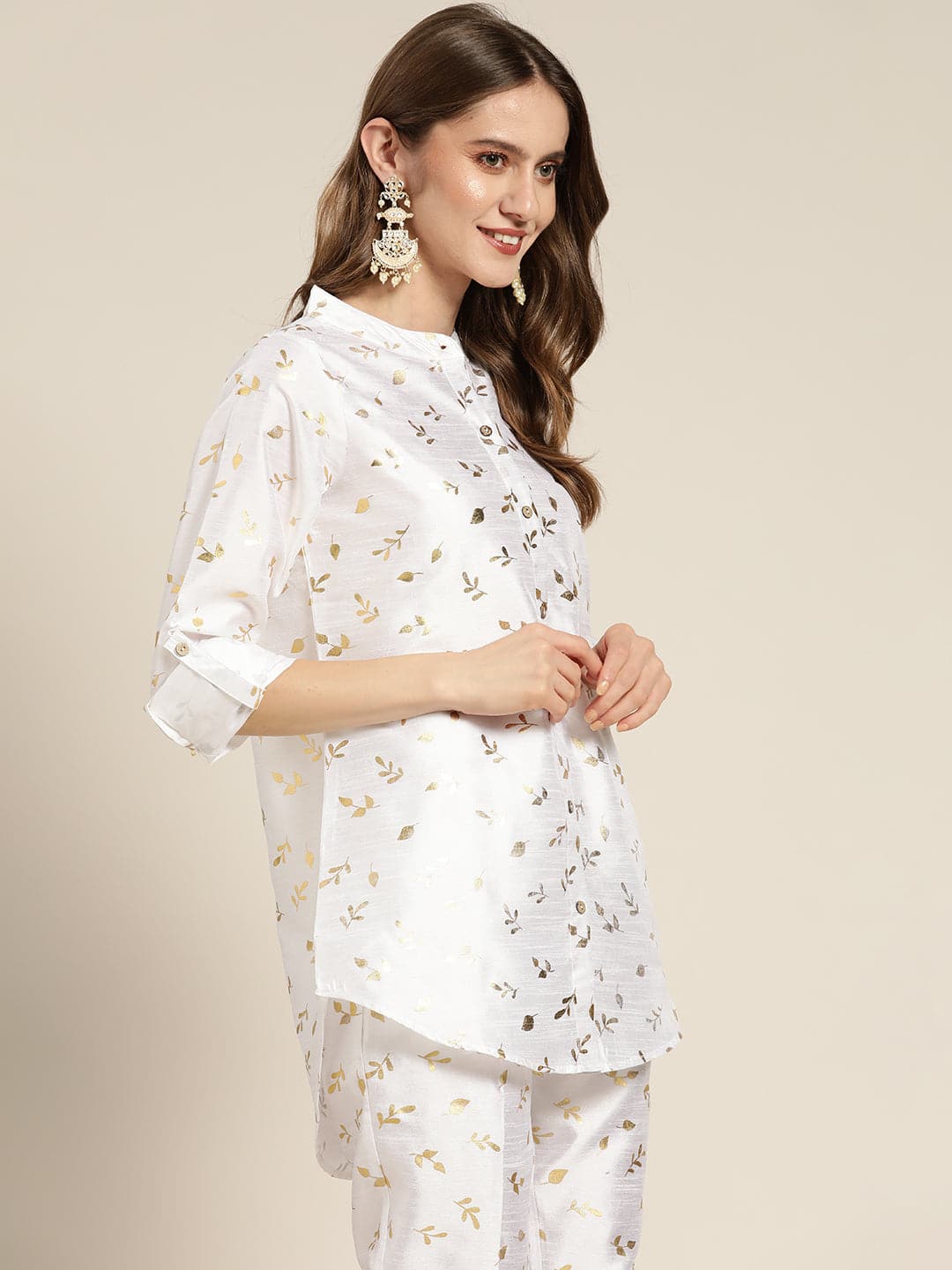 Lyush Women's White Chanderi Gold Foil High Low Shirt - Distacart