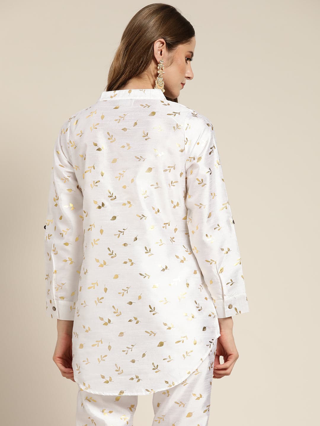 Lyush Women's White Chanderi Gold Foil High Low Shirt - Distacart