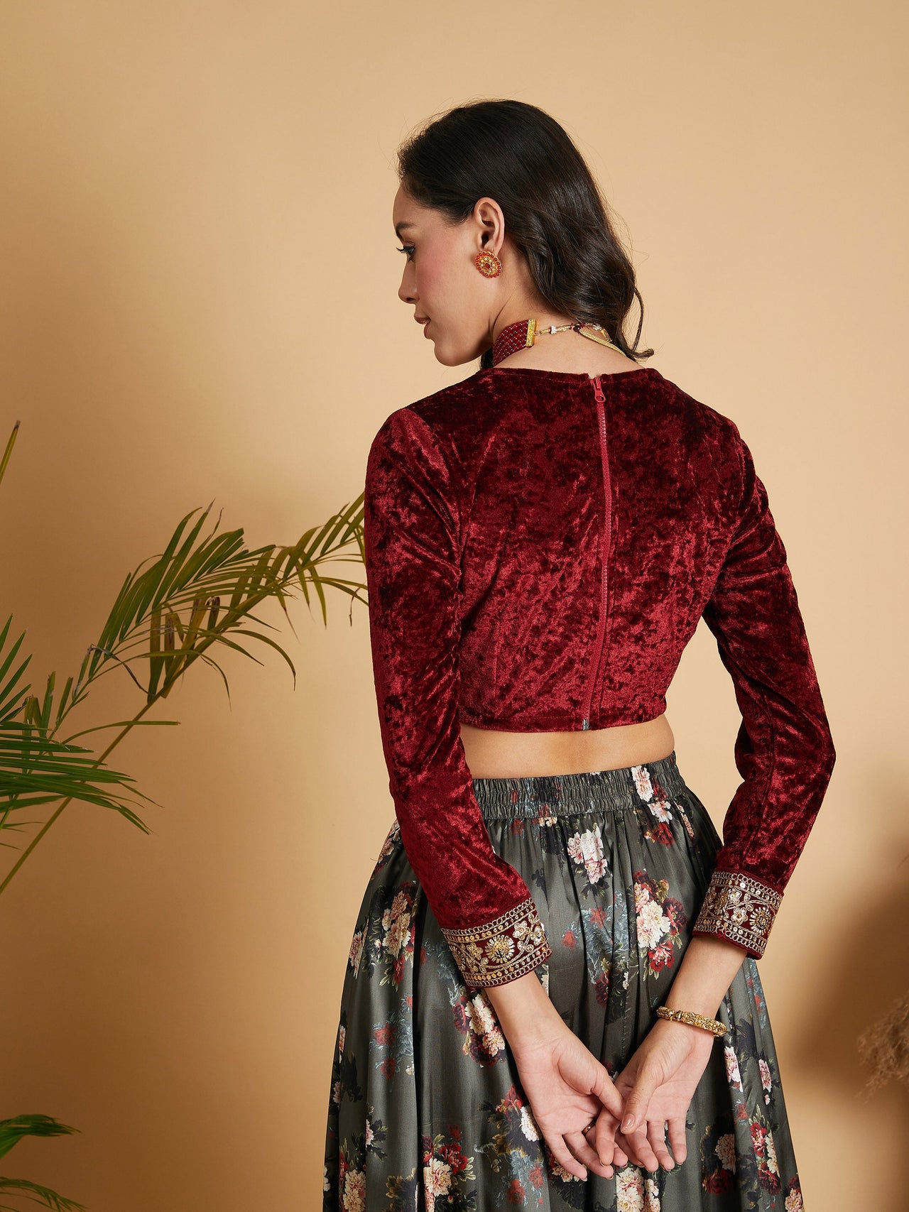 Lyush Women Maroon Velvet Embroidered Crop Top - Distacart