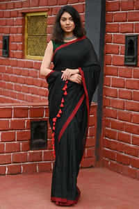 Thumbnail for Very Much Indian Pure Cotton Handloom Saree With Intricate Border - Black - Distacart