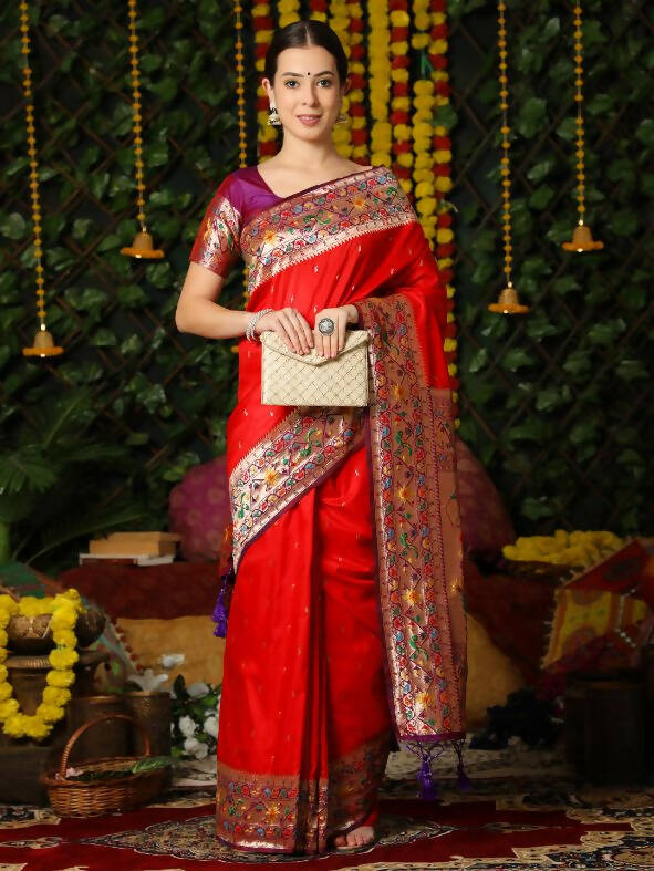 Vishnu Weaves Women's Red Paithani Silk Zari Woven Saree with Unstitched Blouse - Distacart