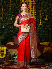 Thumbnail for Vishnu Weaves Women's Red Paithani Silk Zari Woven Saree with Unstitched Blouse - Distacart