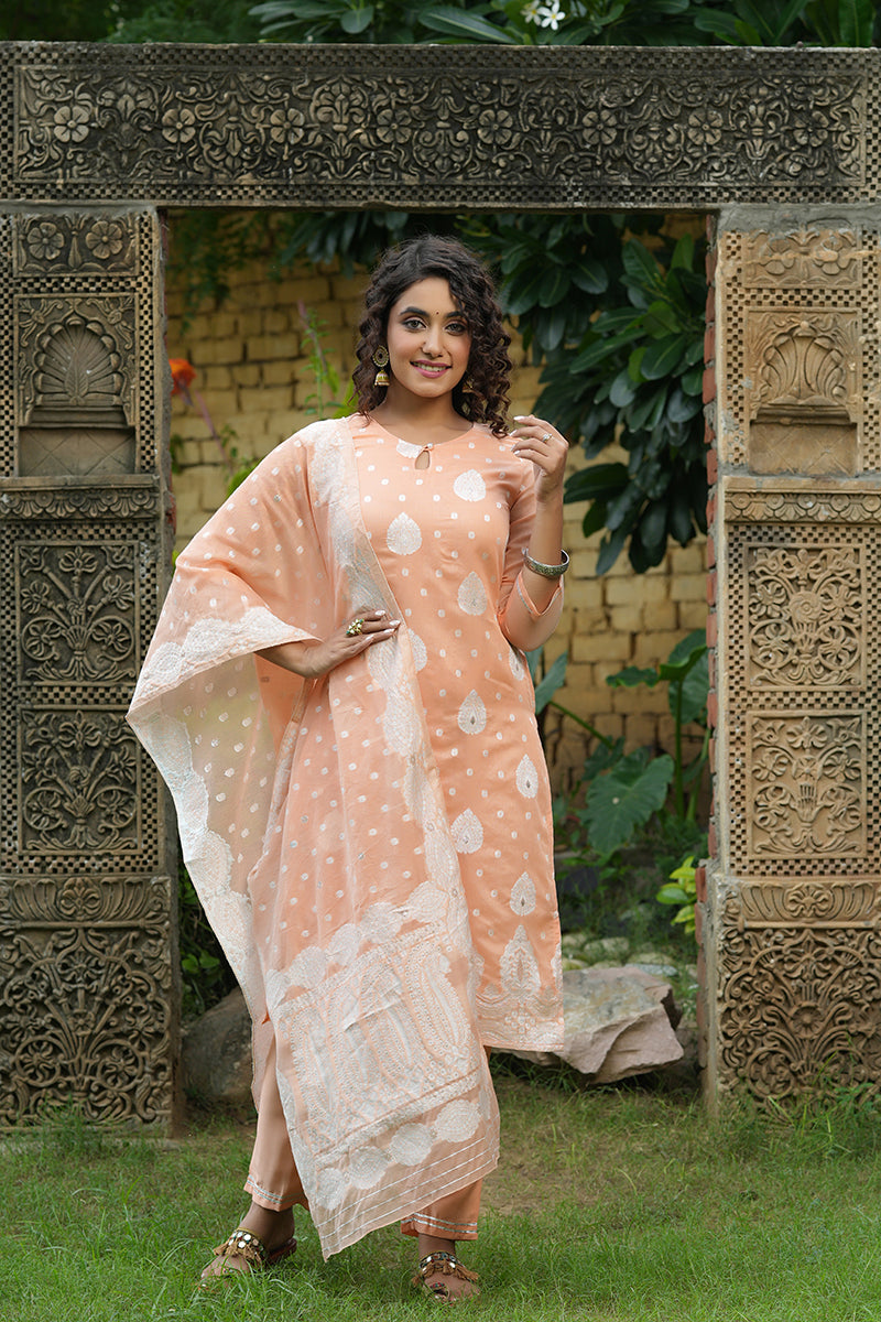 Women's Peach Poly Chanderi Ethnic Motifs Straight Suit Set - Rasiya - Distacart