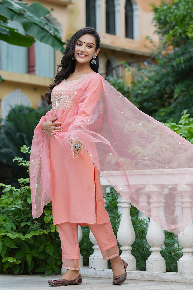 Women's Peach Poly Silk Solid Sequin Straight Suit Set - Rasiya - Distacart