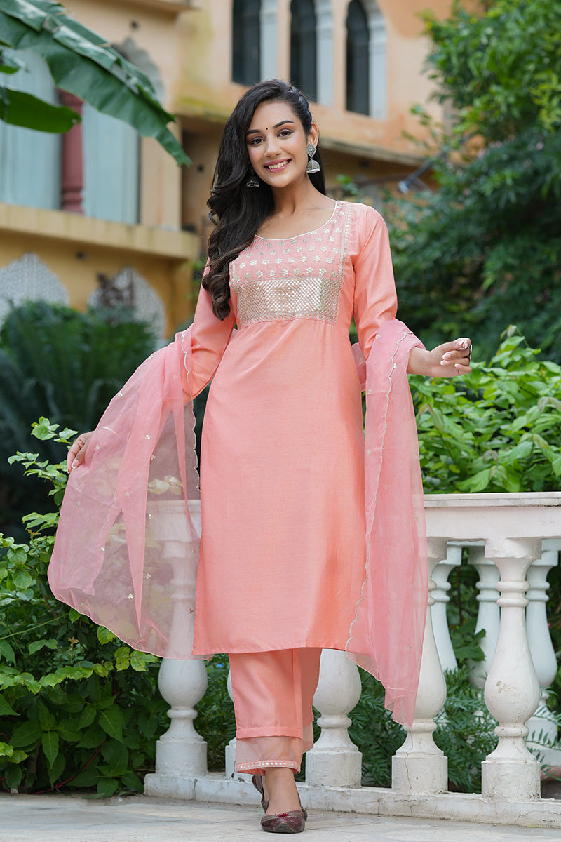 Women's Peach Poly Silk Solid Sequin Straight Suit Set - Rasiya - Distacart