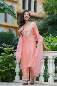 Thumbnail for Women's Peach Poly Silk Solid Sequin Straight Suit Set - Rasiya - Distacart