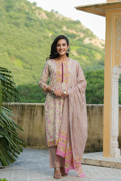 Women's White Cotton Ethnic Motifs Printed Straight Suit Set - Rasiya - Distacart