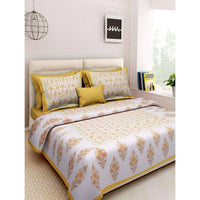 Thumbnail for Vamika Printed Cotton White & Yellow Bedsheet With Pillow Covers (LEOC_GMLA_Y) - Distacart