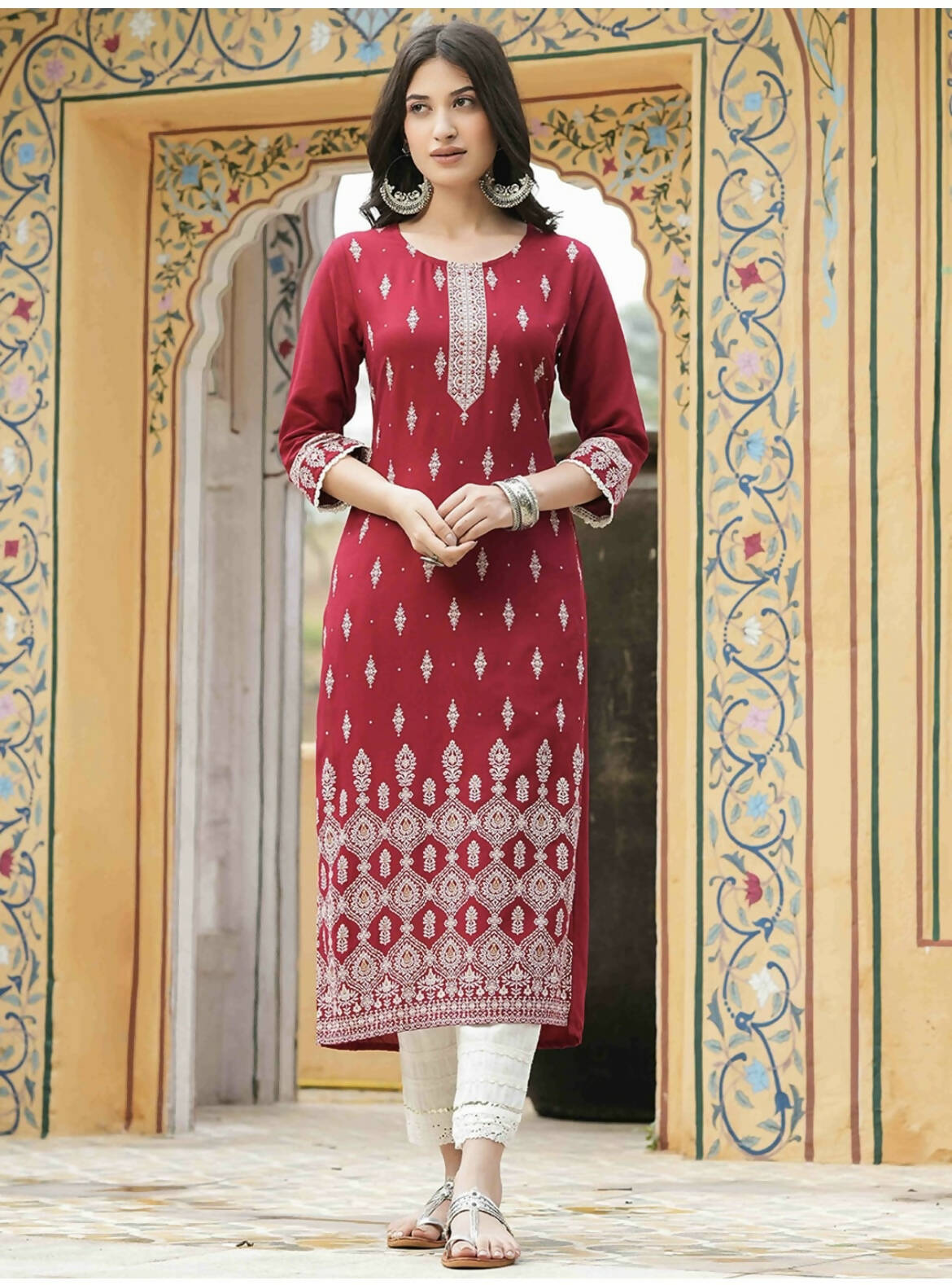 Cheera Embellished Daily Wear Cotton Blend Kurta - Red - Distacart