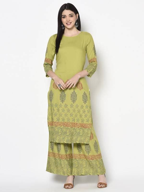 Aniyah Rayon Parrot Green Color Block Print Straight Kurta Palazzo Set (AN-197K)