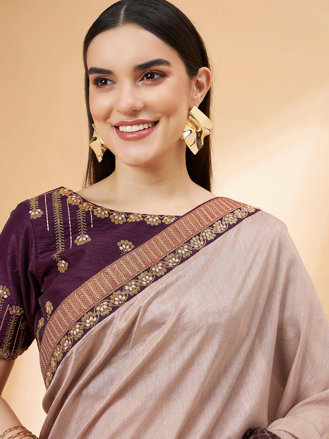 Buy Beige Purple Tussar Silk Zari Thread And Cord Embroidery