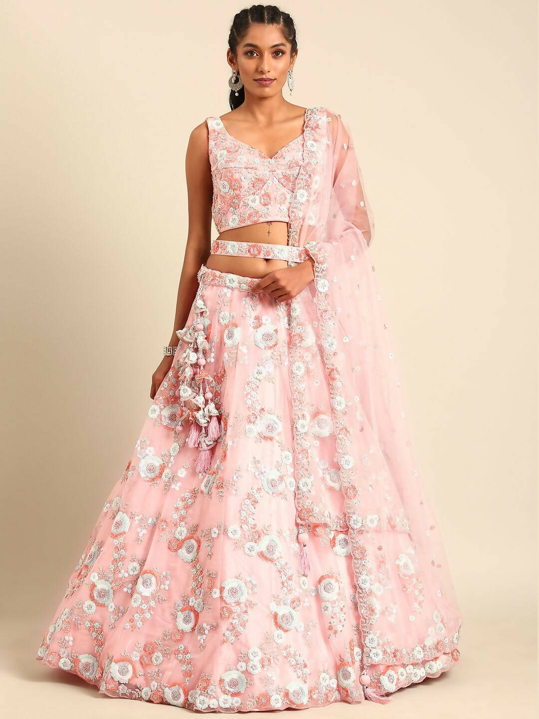 House of Panchhi Pink Net Sequins and Zarkan embroidery Lehenga choli & Dupatta - Distacart