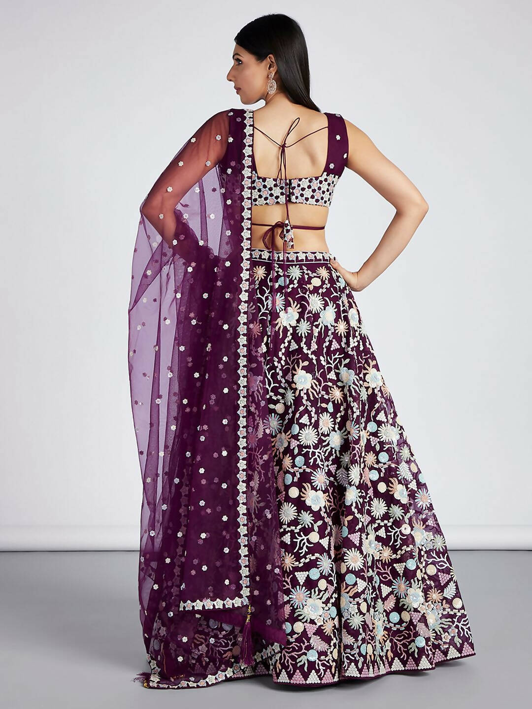 House of Panchhi Burgundy Net heavy Sequinse embroidery Semi-Stitched Lehenga choli & Dupatta - Distacart