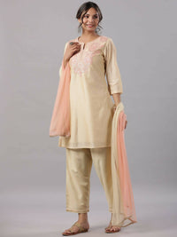 Thumbnail for Juniper Women Gold Modal Chanderi Embroidered Kurta, Pants and Dupatta Set - Distacart