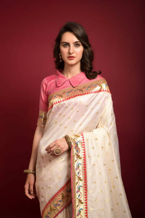 Zari Woven Daisy White Paithani Soft Silk Banarasi Saree by Vootbuy