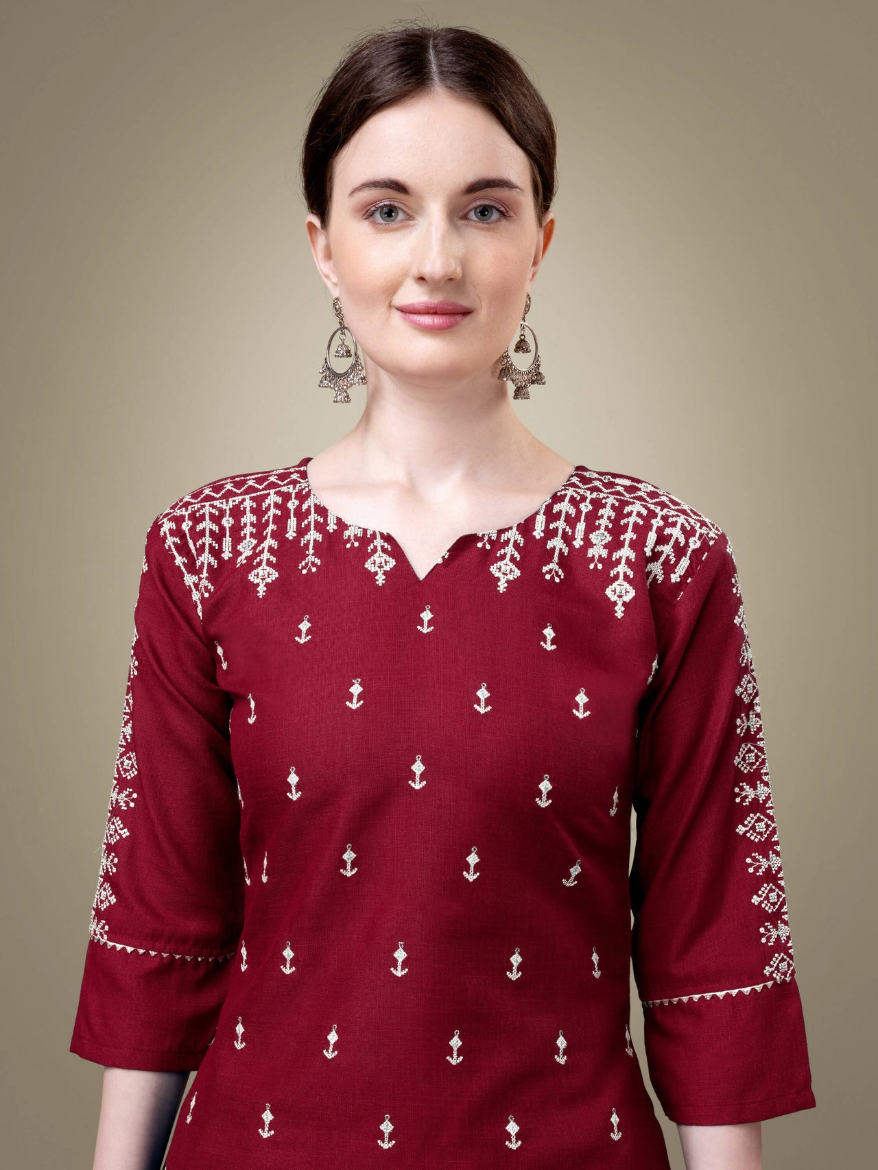 Aastha Fashion Women's Maroon Cotton Blend Embroidery & Sequence Work Kurta with Trouser & Dupatta - Distacart