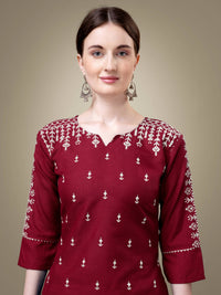 Thumbnail for Aastha Fashion Women's Maroon Cotton Blend Embroidery & Sequence Work Kurta with Trouser & Dupatta - Distacart